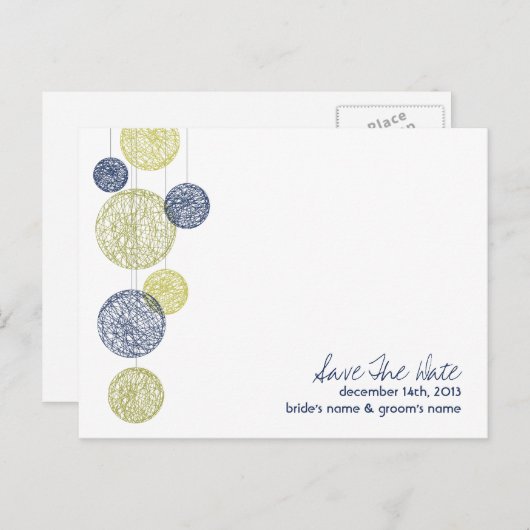 Navy & Yellow Twine Globesの結婚式の日付を保存 案内ポストカード (正面/裏面)