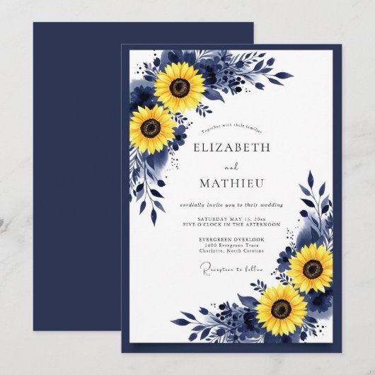 Navy Yellow Vibrant Rustic Wedding 招待状 (正面/裏面)