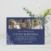 Navye Blueホワイトフローラフォトコラージュ結婚ズ 招待状 (スタンド正面)