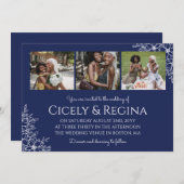 Navye Blueホワイトフローラフォトコラージュ結婚ズ 招待状 (正面/裏面)