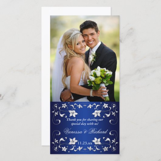 Navyl Blue、シルバーフローラ結婚の写真カード サンキューカード (正面/裏面)