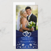 Navyl Blue Silveeフローラハート結婚の写真カード サンキューカード (正面/裏面)