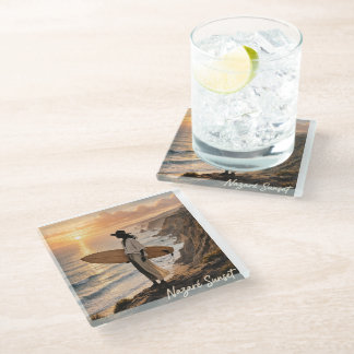 Nazaré Sunset Surf Coaster – Portugal Coastal Phot ガラスコースター