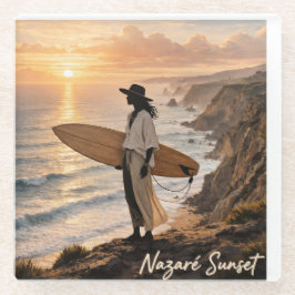 Nazaré Sunset Surf Coaster – Portugal Coastal Phot ガラスコースター
