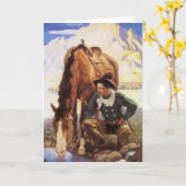 NCワイエスで馬に水を与えるカウボーイ、ヴィンテージ・アート カード (黄色い花)