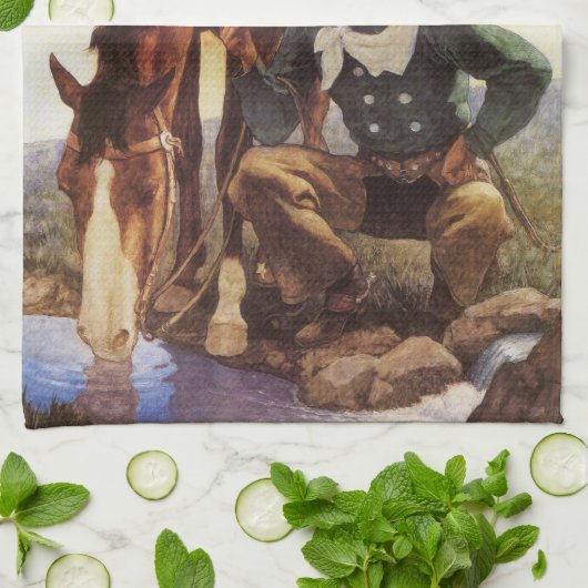 NCワイエスで馬に水を与えるカウボーイ、ヴィンテージ・アート キッチンタオル (折り畳み)