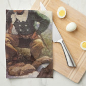 NCワイエスで馬に水を与えるカウボーイ、ヴィンテージ・アート キッチンタオル (四つ折り)