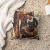 NCワイエスで馬に水を与えるカウボーイ、ヴィンテージ・アート クッション (ブランケット)