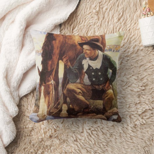 NCワイエスで馬に水を与えるカウボーイ、ヴィンテージ・アート クッション (ブランケット)