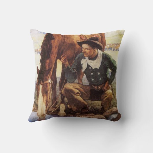 NCワイエスで馬に水を与えるカウボーイ、ヴィンテージ・アート クッション (裏面)