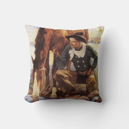 NCワイエスで馬に水を与えるカウボーイ、ヴィンテージ・アート クッション (正面)