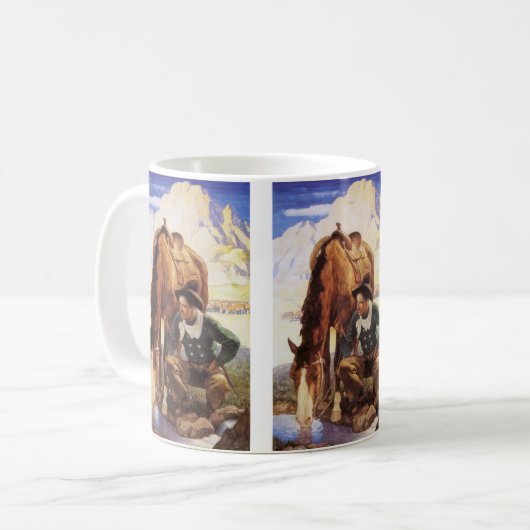 NCワイエスで馬に水を与えるカウボーイ、ヴィンテージ・アート コーヒーマグカップ (正面左)