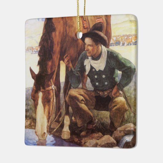 NCワイエスで馬に水を与えるカウボーイ、ヴィンテージ・アート セラミックオーナメント (左)