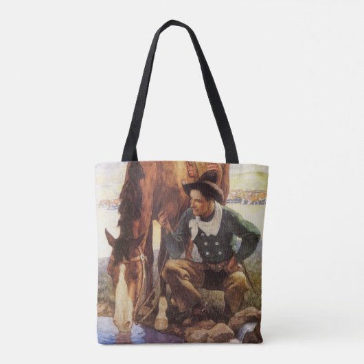 NCワイエスで馬に水を与えるカウボーイ、ヴィンテージ・アート トートバッグ (裏面)