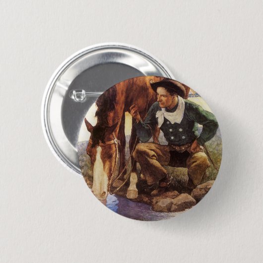 NCワイエスで馬に水を与えるカウボーイ、ヴィンテージ・アート 缶バッジ (正面&裏面)