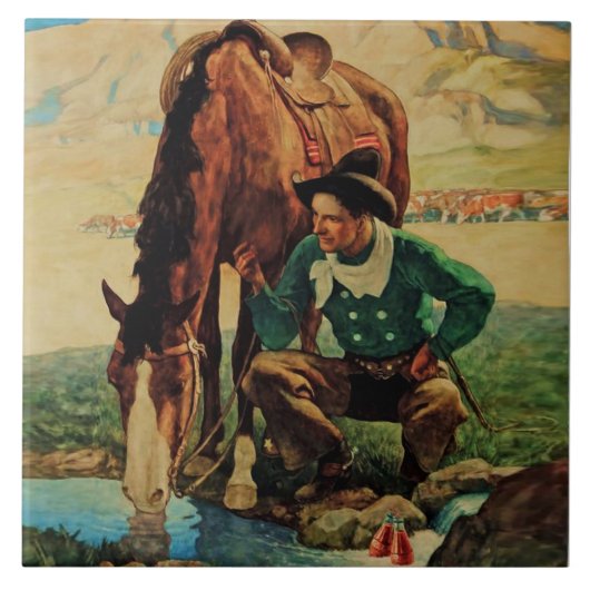NC Wyethによる「Cowboy Watering His Horse」 タイル (正面)