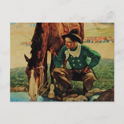 NC Wyethによる「Cowboy Watering His Horse」 ポストカード (正面)