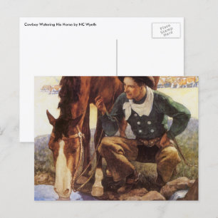 NC Wyethによる「Cowboy Watering His Horse」ヴィンテージアート ポストカード