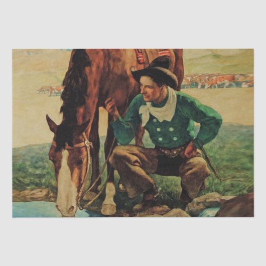 NC Wyethによる「Cowboy Watering His Horse」 薄葉紙 (正面)