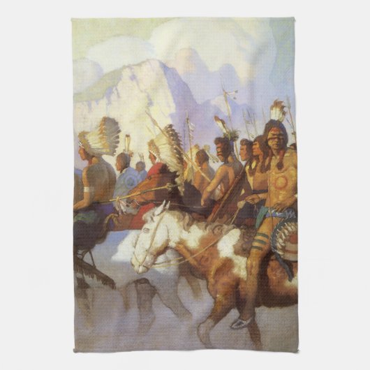 NC Wyethのヴィンテージ西部芸術、インディアンウォーパーティ キッチンタオル (縦)