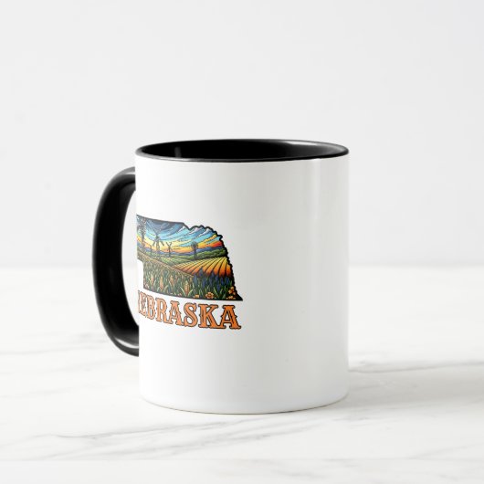 Nebraska Tattoo Style Outline with Cornfields マグカップ (正面左)