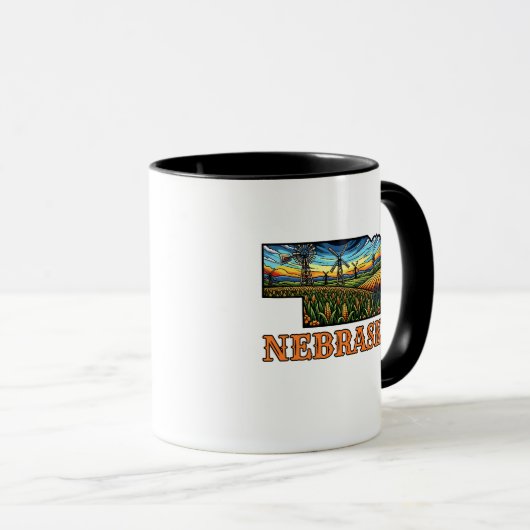 Nebraska Tattoo Style Outline with Cornfields マグカップ (正面右)