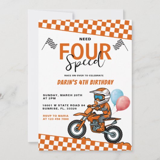 Need Four Speed Bike Racing Boy 4th Birthday 招待状 (正面)
