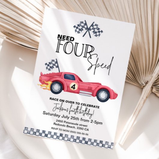 Need FOUR Speed Birthday Invitation | Red Race Car 招待状