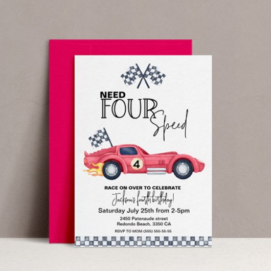 Need FOUR Speed Birthday Invitation | Red Race Car 招待状