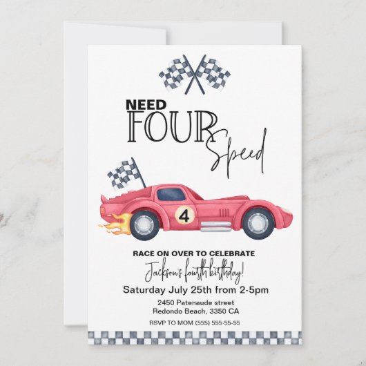 Need FOUR Speed Birthday Invitation | Red Race Car 招待状 (正面)