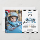 Need Four Speed Blueレースカー写真4th Birthday 招待状 (正面)