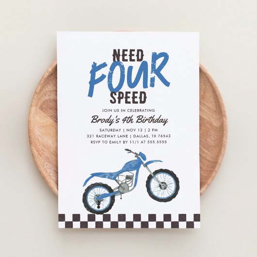 Need Four Speed Blue Dirt Bike Boy 4th誕生日 招待状