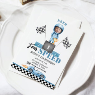 Need Four Speed Blue Race car 4th Birthday photo 招待状