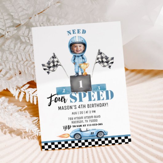Need Four Speed Blue Race car 4th Birthday photo 招待状