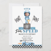 Need Four Speed Blue Race car 4th Birthday photo 招待状 (正面)