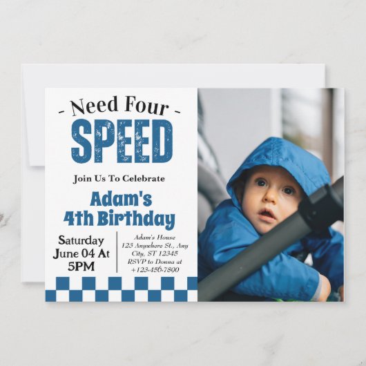 Need Four Speed Boy 4歳の誕生日パーティーの写真 招待状 (正面)