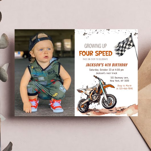 Need Four Speed Dirt Bike Boy 4th Birthday Photo 招待状