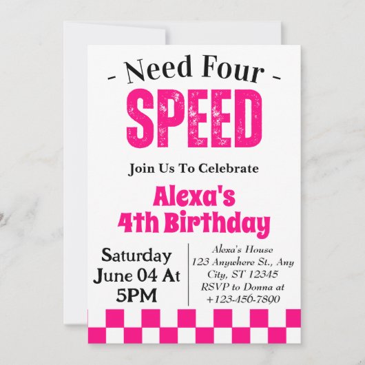 Need Four Speed Girl 4歳の誕生日パーティー 招待状 (正面)