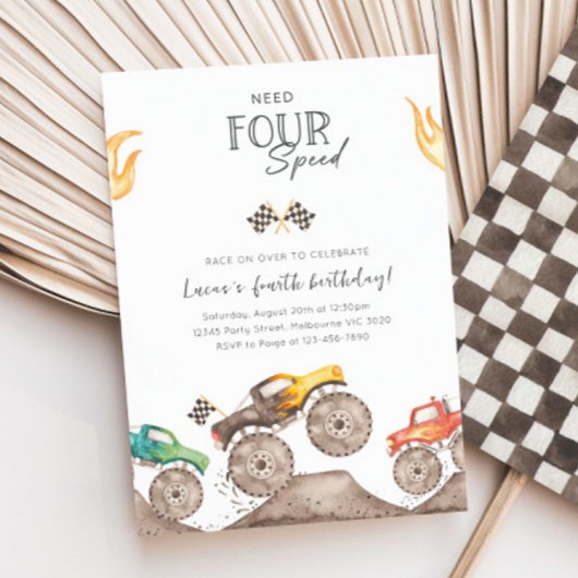 Need Four Speed Monster Truck 4th Birthday Bash 招待状