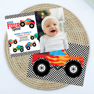 Need Four Speed Monster Truck 4th Birthday Photo 招待状