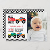 Need Four Speed Monster Truck 4th Birthday Photo 招待状 (正面/裏面)