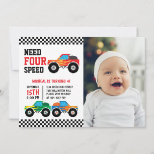 Need Four Speed Monster Truck 4th Birthday Photo 招待状