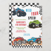 Need Four Speed Monster Truck Boy 4th Birthday 招待状 (正面/裏面)