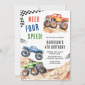 Need Four Speed Monster Truck Boy 4th Birthday 招待状 (正面)