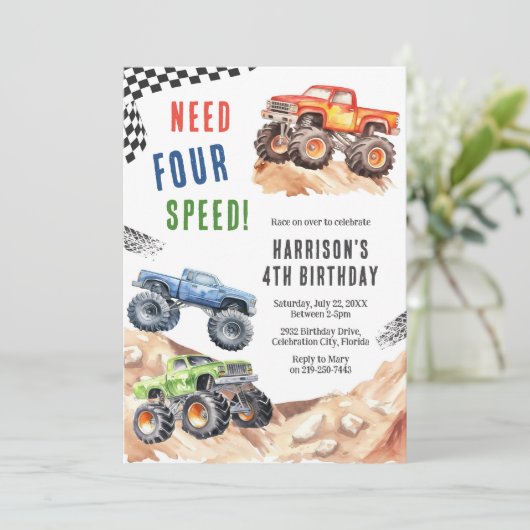 Need Four Speed Monster Truck Boy 4th Birthday 招待状 (スタンド正面)