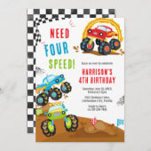 Need Four Speed Monster Truck Boy 4th Birthday 招待状 (正面/裏面)