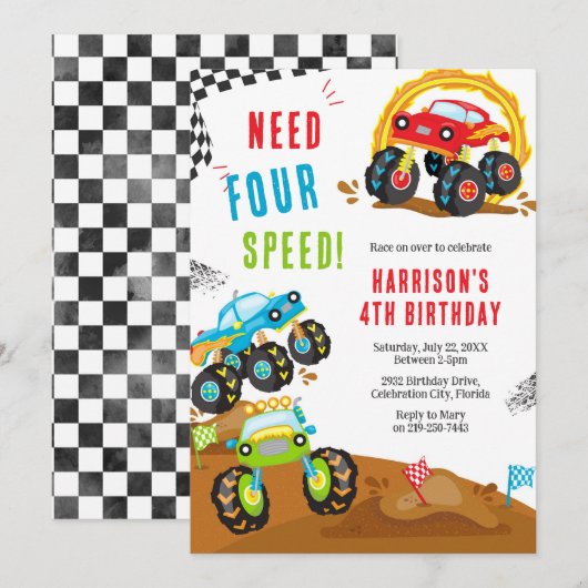 Need Four Speed Monster Truck Boy 4th Birthday 招待状 (正面/裏面)