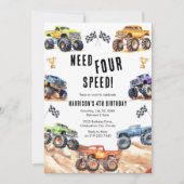 Need Four Speed Monster Truck Boy 4th Birthday  招待状 (正面)
