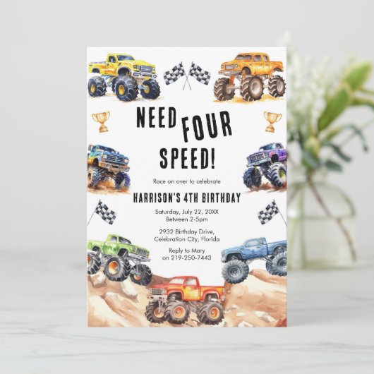 Need Four Speed Monster Truck Boy 4th Birthday  招待状 (スタンド正面)