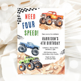 Need Four Speed Monster Truck Boy 4th Birthday 招待状